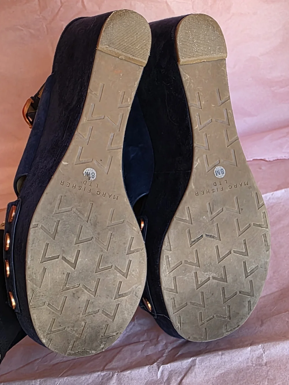 Marc Fisher Navy Suede Platform Wedge Sandals with Copper Studs